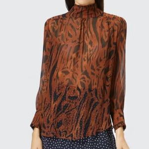 RIXO Victoria Brown Animal Print High Neck Silk Ruffle Blouse. Size Small
